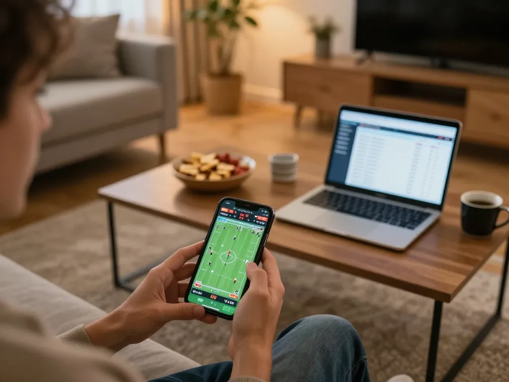 Socolive user placing bets on mobile device while enjoying live football matches in a cozy living room