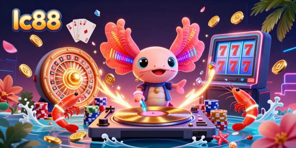 Engage with the exciting lc88 gaming scene featuring the colorful axolotl DJ and casino elements.