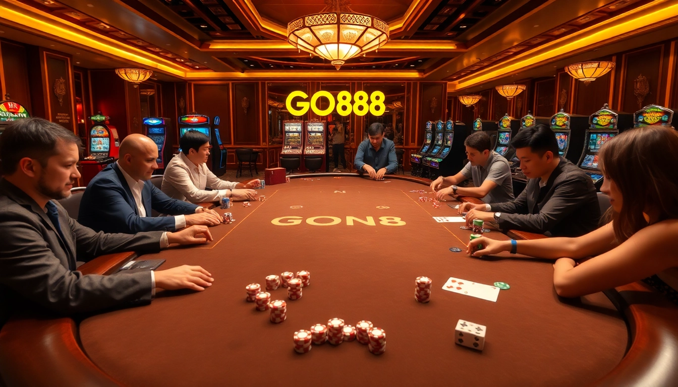 GO88 players enjoying a thrilling card game at a luxury casino table.