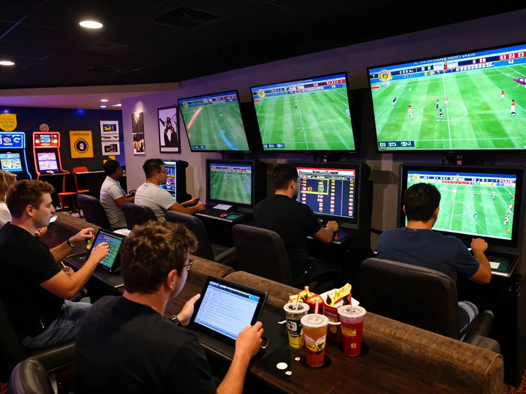 Engaged bettors analyzing kết quả bóng đá on tablets in an exciting modern sports betting area.