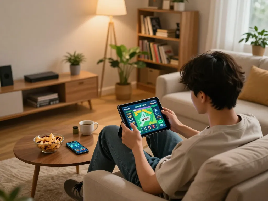 Player engaged in Game bài đổi thưởng on tablet, cozy home setting with snacks and drinks.