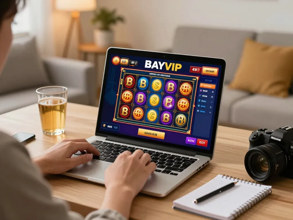 Engaging player enjoying BAYVIP online casino slots on a laptop during a cozy home game session.