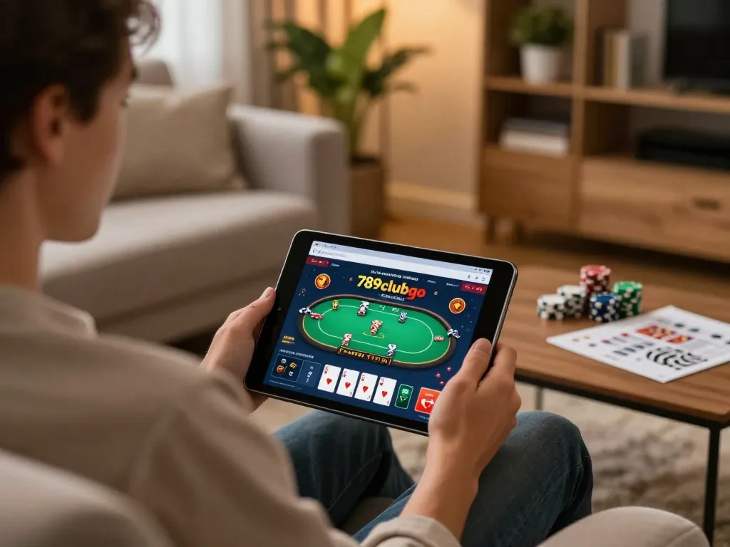 Engaging tablet gameplay on 789clubgo app in a stylish home setting, highlighting responsible gambling vibes.