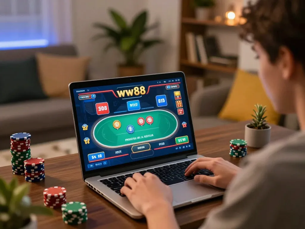 Engaged player enjoying an online ww88 poker game on a laptop in a cozy living room setting.
