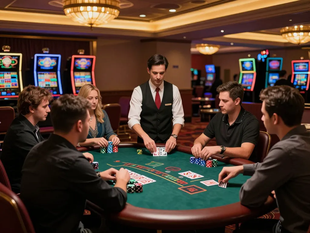 Dabet players strategizing during an exciting blackjack game at a vibrant casino table.