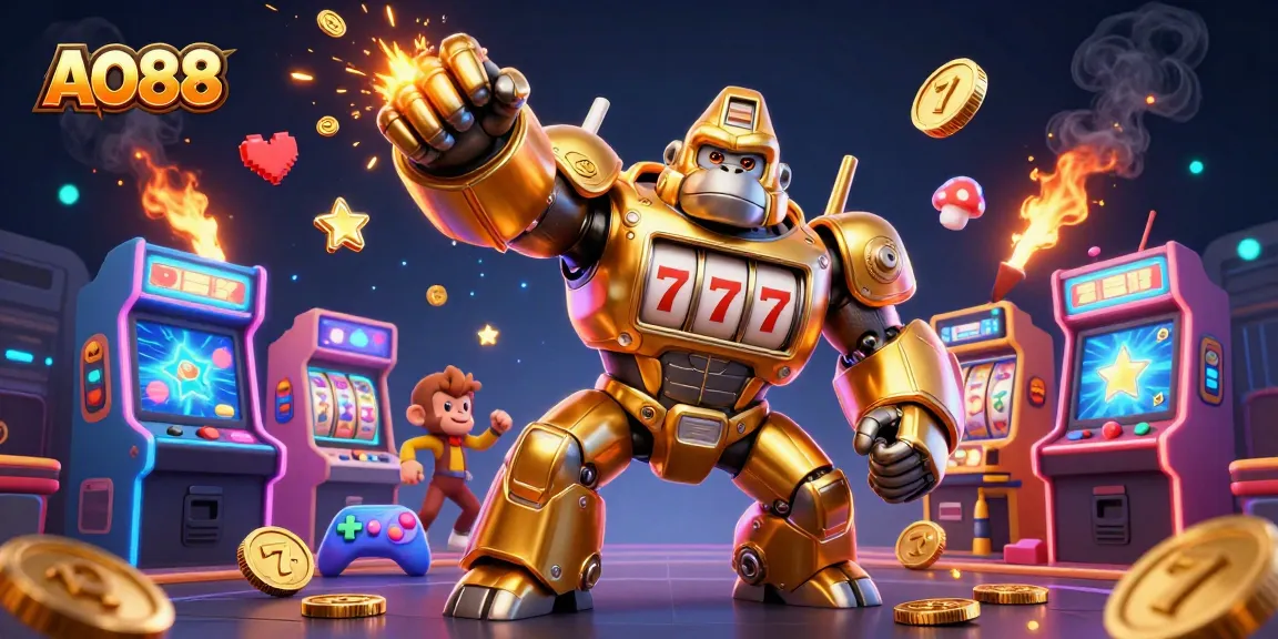 AO88 showcases a golden mech gorilla in a vibrant casino scene, bursting with coins and excitement.