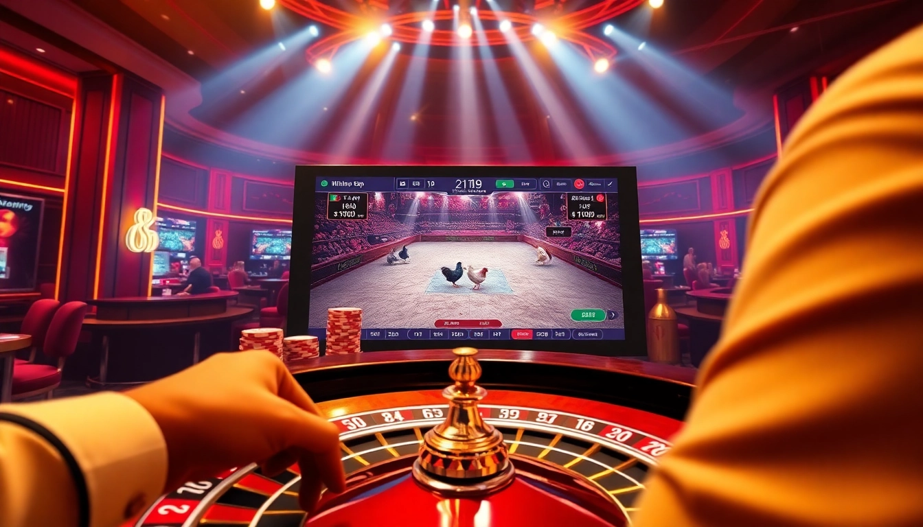 Alo789 Đá gà trực tiếp betting action with a dynamic casino ambience and vibrant colors