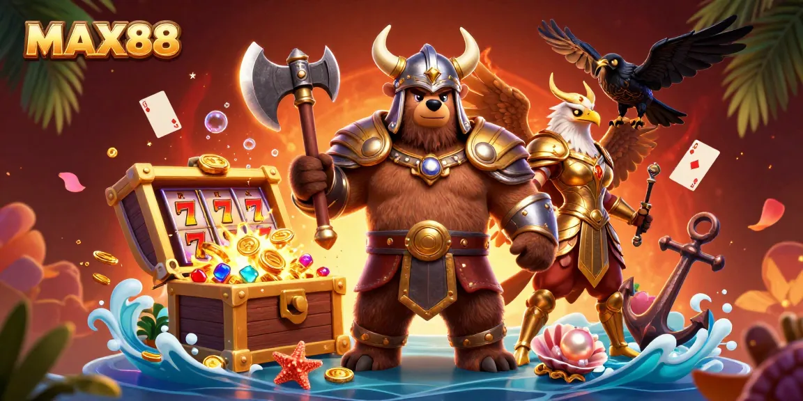 MAX88 showcases a thrilling casino atmosphere with Viking characters amidst slot reels and treasure.