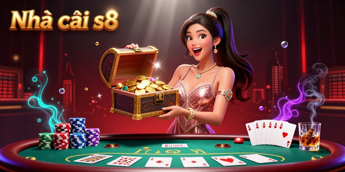 Nhà cái s8 showcases an exciting casino scene with stunning characters, poker elements, and vibrant treasures.