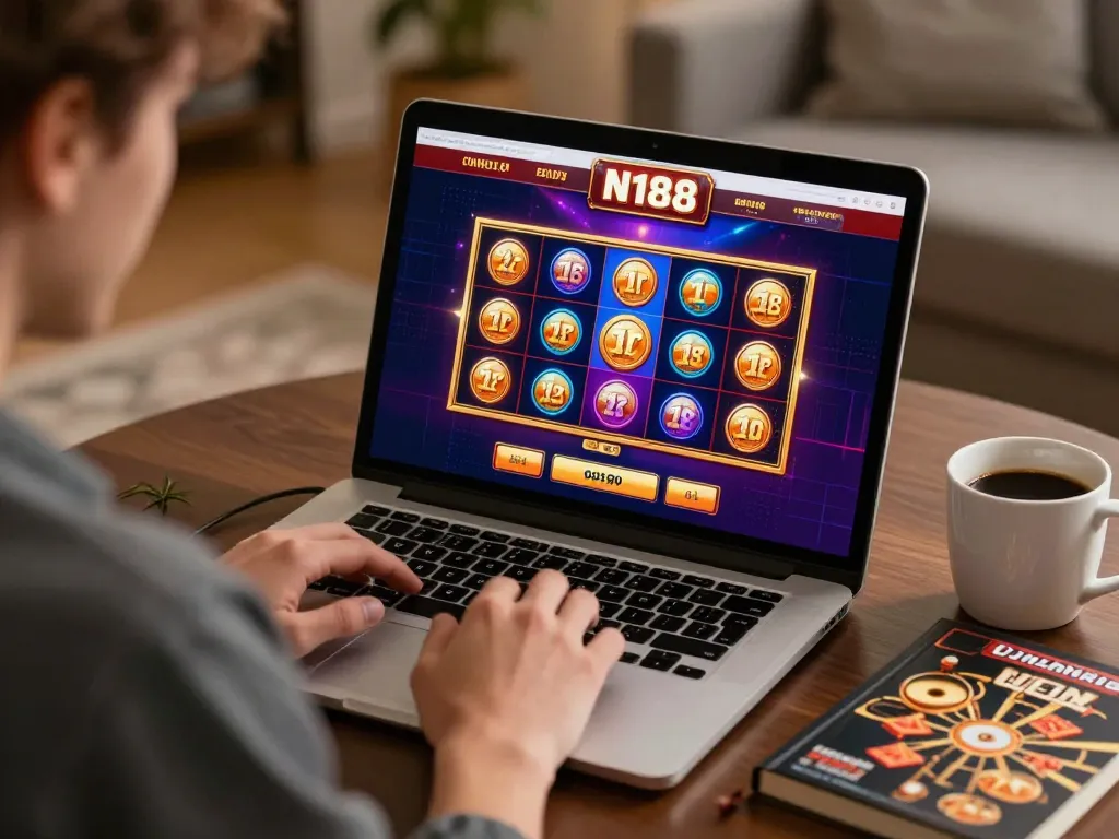 N188 online casino showcased on laptop with engaging gameplay in a cozy home setting.