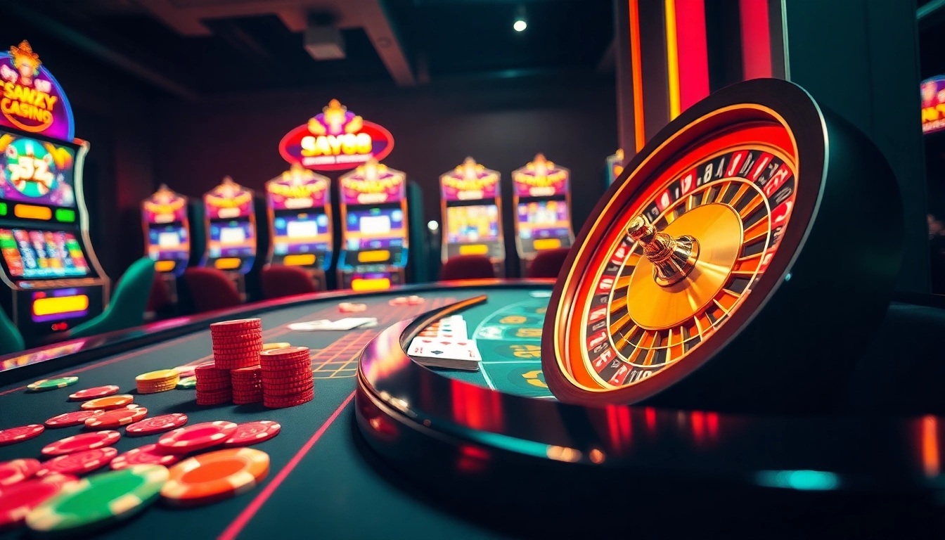 SAY88 players engage in a thrilling casino experience with vibrant chips, cards, and roulette.