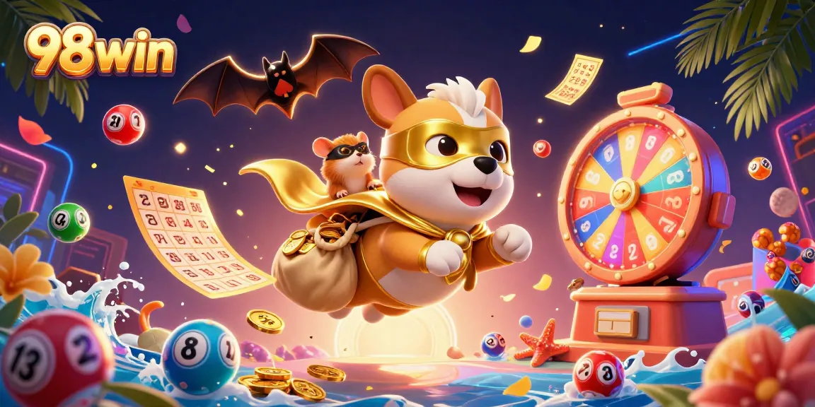 Join the fun at 98win with vibrant lottery balls and a superhero duo, ready for action!