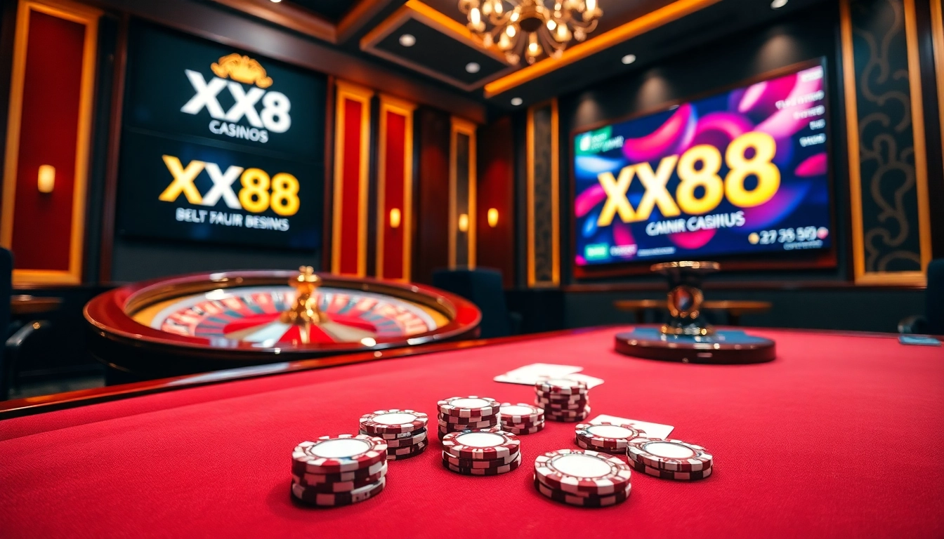 Players enjoying a thrilling poker game at XX88 casino, with vibrant colors and luxurious design.