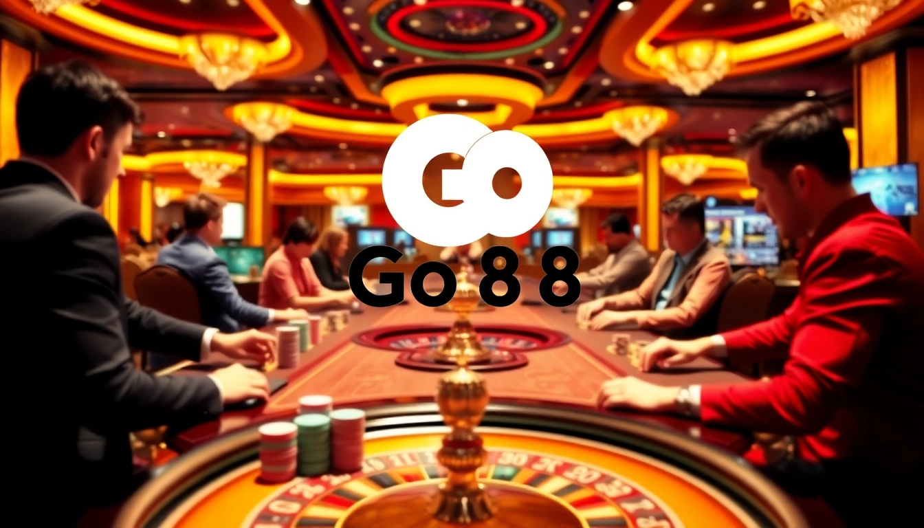 Players engaging in intense gameplay at Go 88 casino tables, surrounded by vibrant gambling elements.
