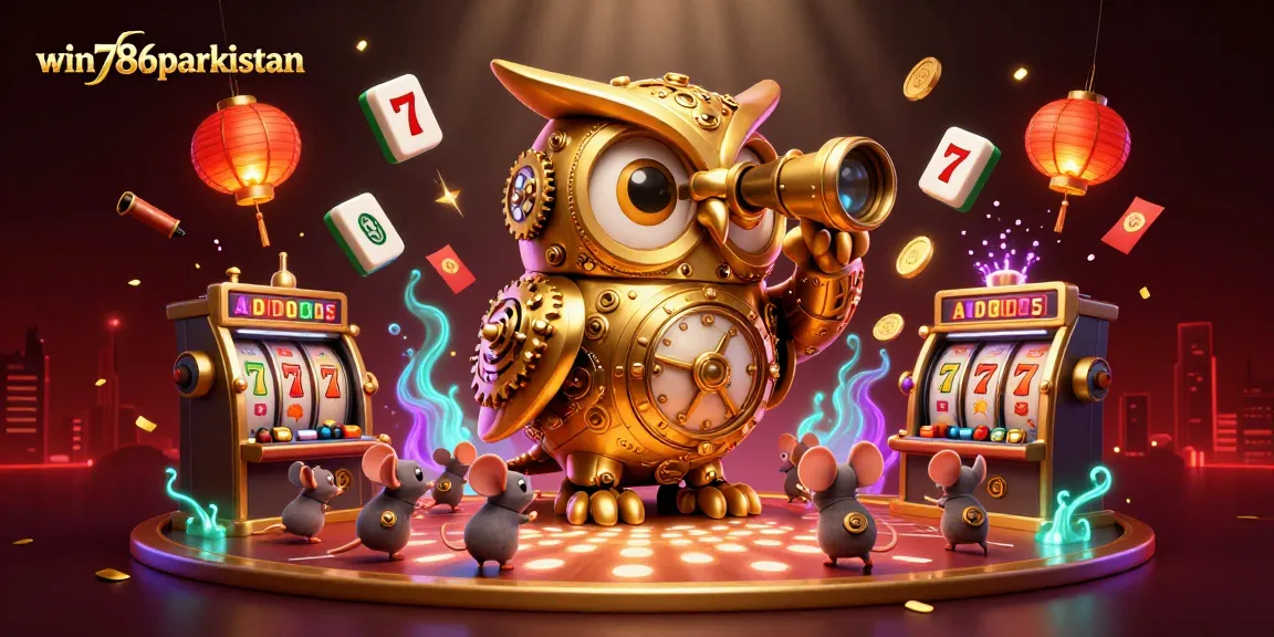 Engage with win786parkistan's thrilling online casino experience, featuring a golden owl and vibrant slot machines.