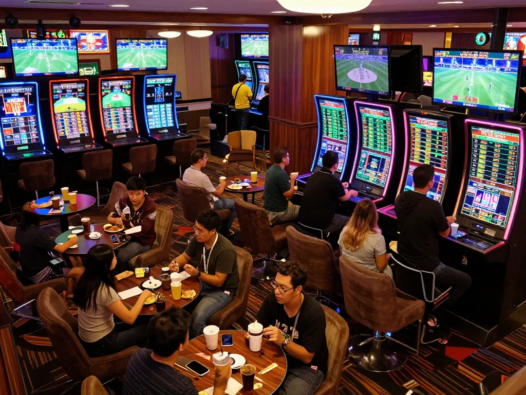 Excited bettors analyzing kèo nhà cái in a lively sports betting lounge with vibrant screens displaying live games