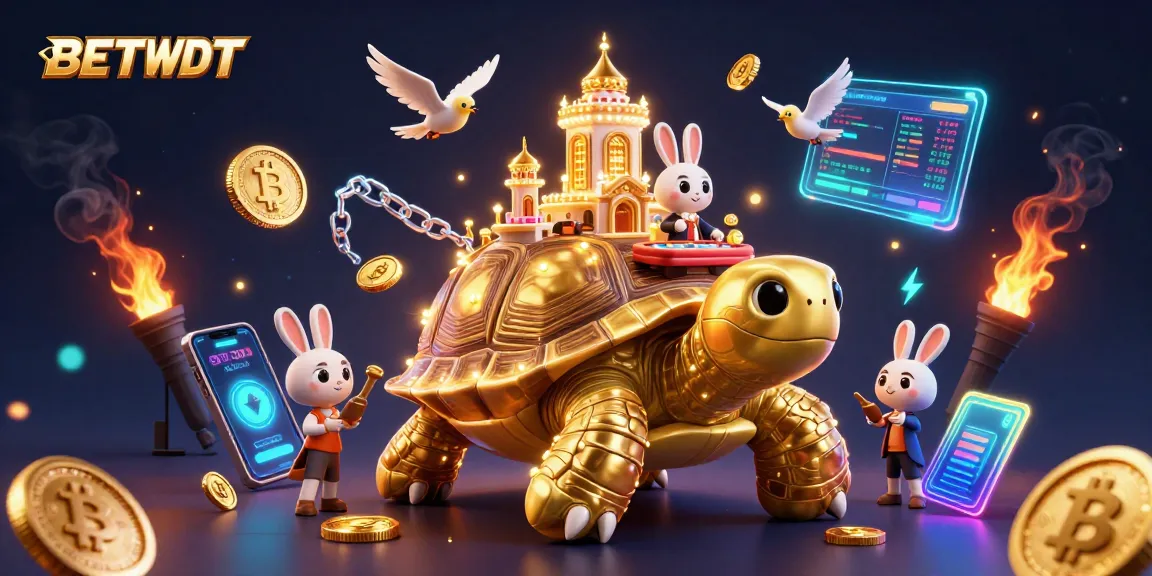 Experience the thrill of BETBDT casino games with golden tortoise and rabbit dealer in this vibrant 3D illustration.
