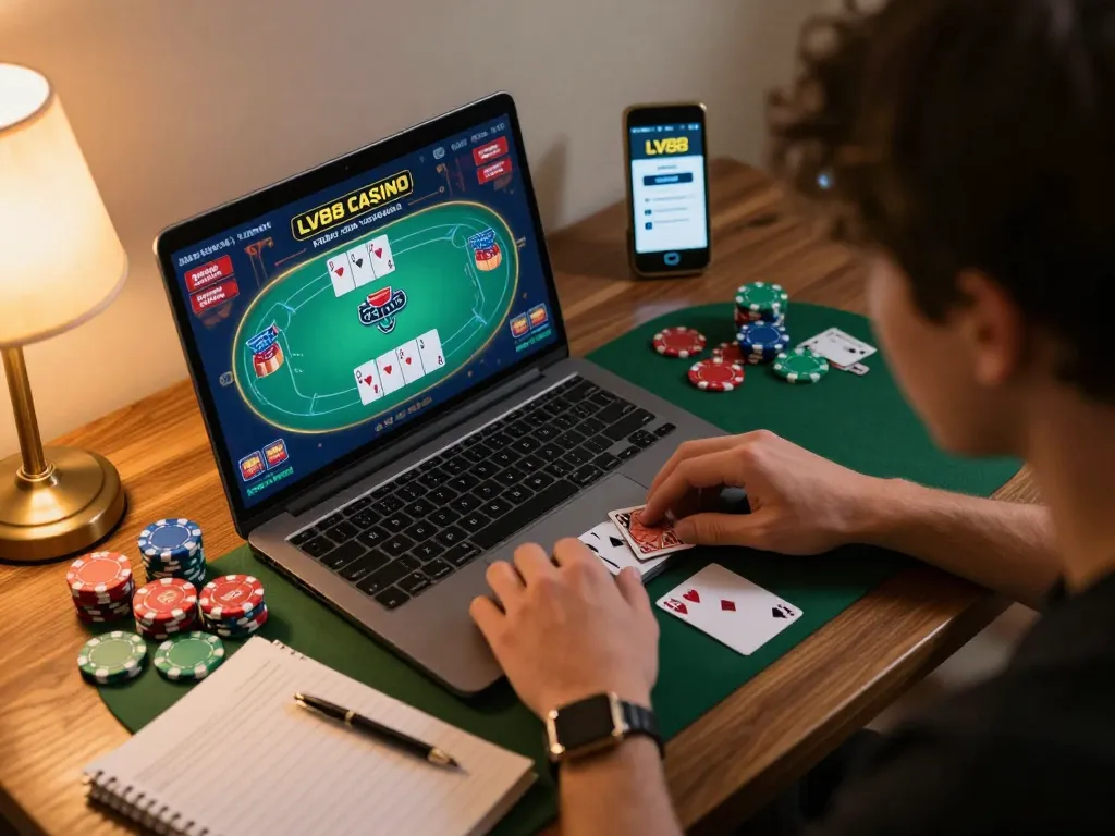 Player enjoying a strategic card game on LV88 casino platform, highlighting immersive online gambling experience