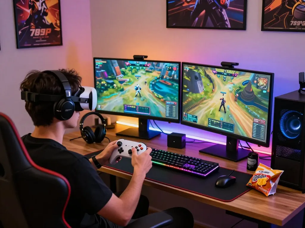 Engaging player immersed in game 789P, featuring vibrant gaming setup and accessories.