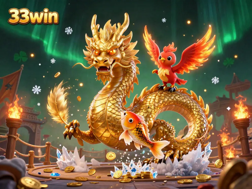 Experience thrilling wins with 33win featuring a dragon, phoenix, and koi fish amidst vibrant casino elements.