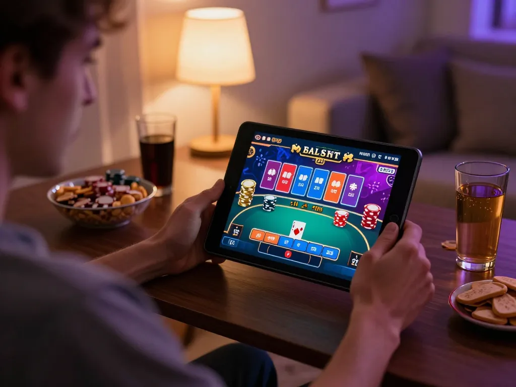 Player enjoys a thrilling game on 789club tablet in cozy home environment, showcasing online gambling excitement.
