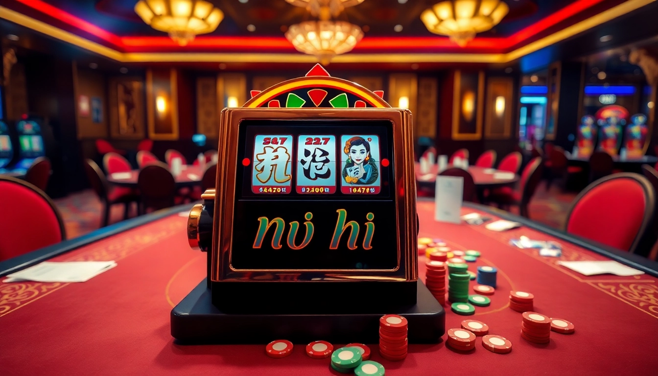 Playing nổ hũ on an elegant slot machine in a vibrant casino setting.