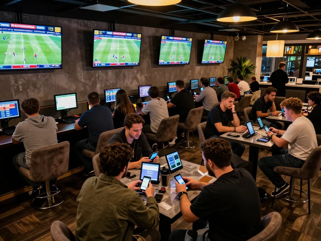 Excited bettors engaging at trang chủ vmax sports betting lounge, reviewing odds on devices in stylish environment