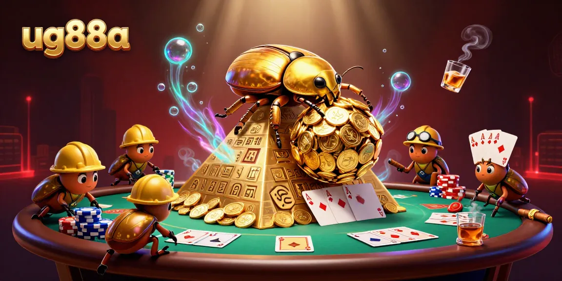 Experience thrilling gameplay at ug88a with dynamic casino-themed illustration featuring golden beetles and poker elements.