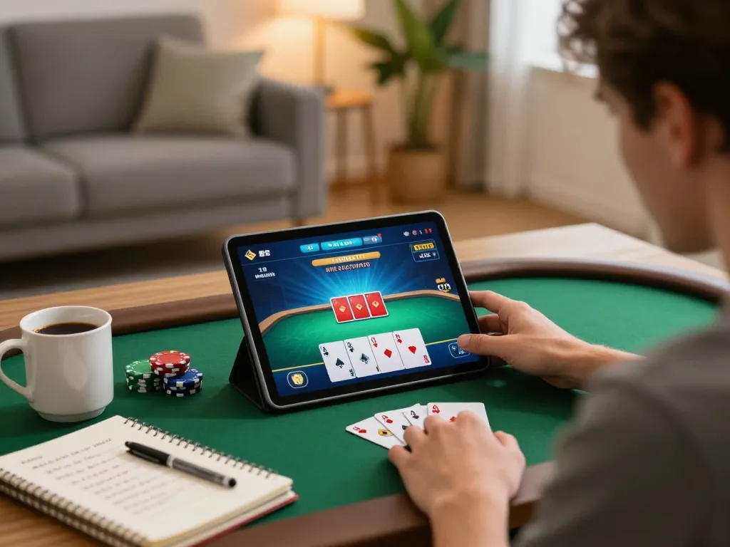 Player using hb88 app on tablet, engaged in intense online poker gameplay at home.