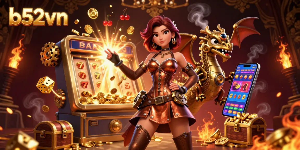 B52VN ignites excitement with vibrant casino action featuring slot machines, treasures, and animated gameplay elements.