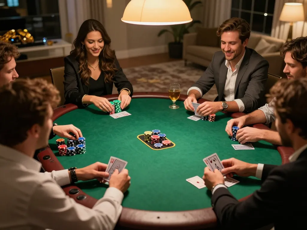 Players enjoy a vibrant home poker game night with river4-themed strategies and snacks.