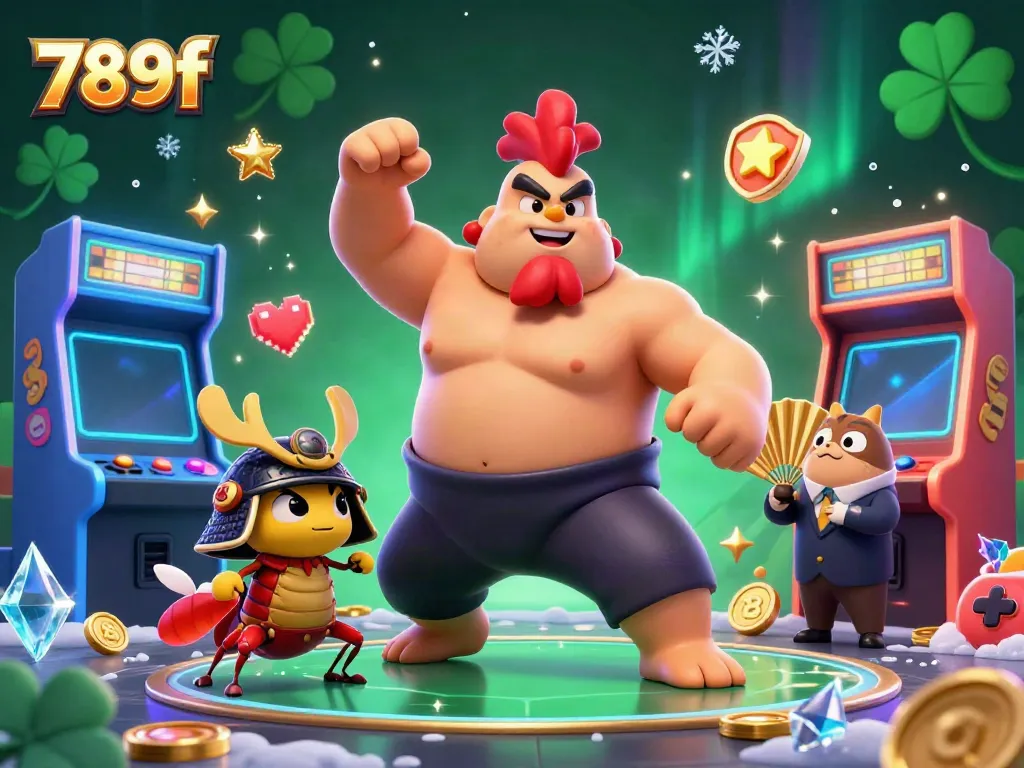 Experience vibrant 789f gameplay with a sumo wrestler rooster, samurai cricket, and tanuki announcer in a dynamic casino scene.