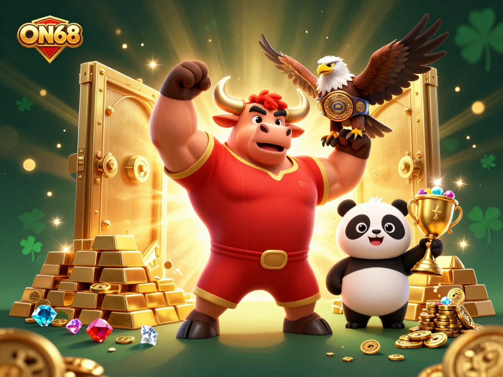 Win big with ON68 in this vibrant casino-themed 3D illustration featuring dynamic gaming elements.