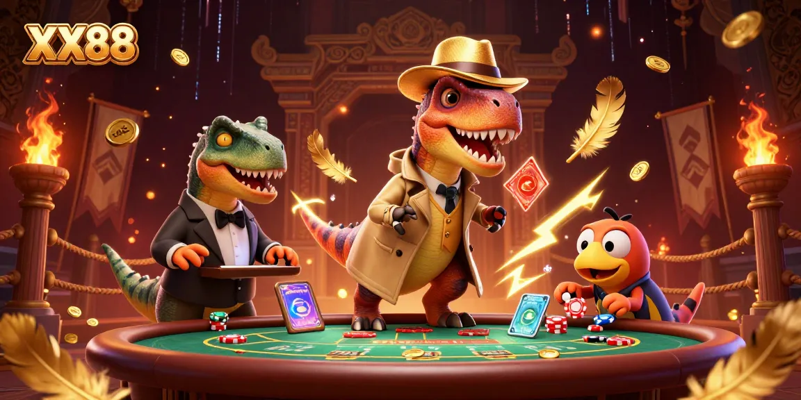 Experience the thrill of XX88 gaming with a velociraptor card counter and a stegosaurus pit boss.