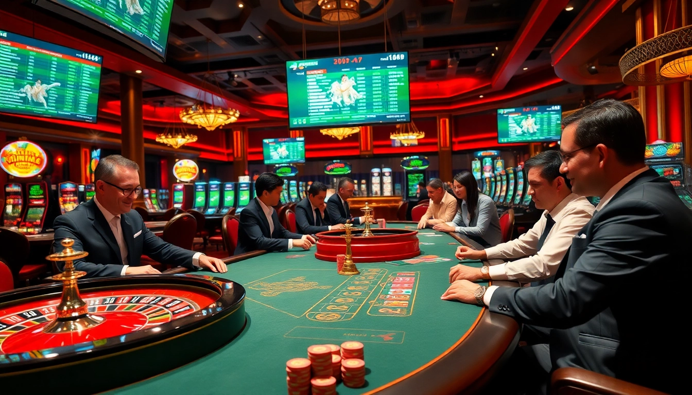 Tỷ lệ nhà cái showcased in a vibrant casino scene with players at tables and slot machines.