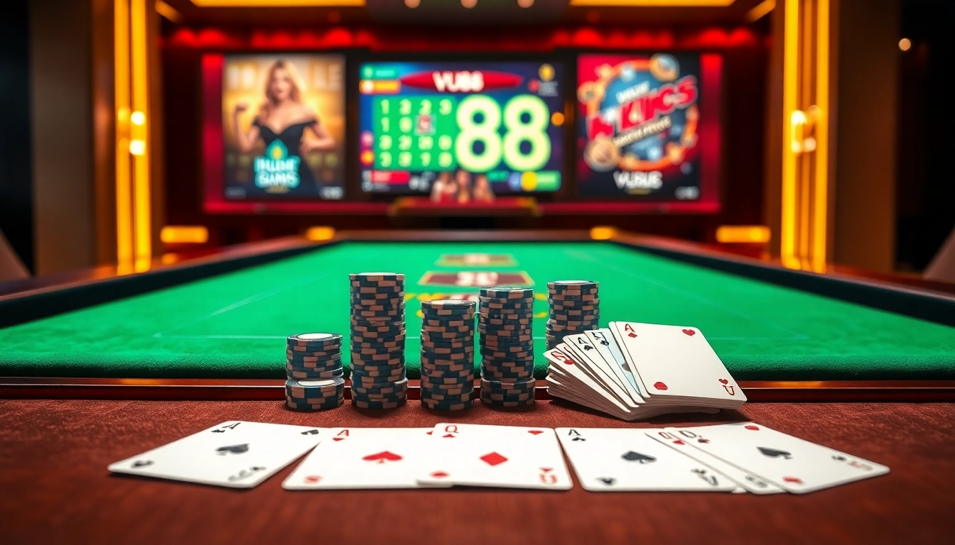 Experience VU88's elegant online casino atmosphere with vibrant gaming tables and professional decor.