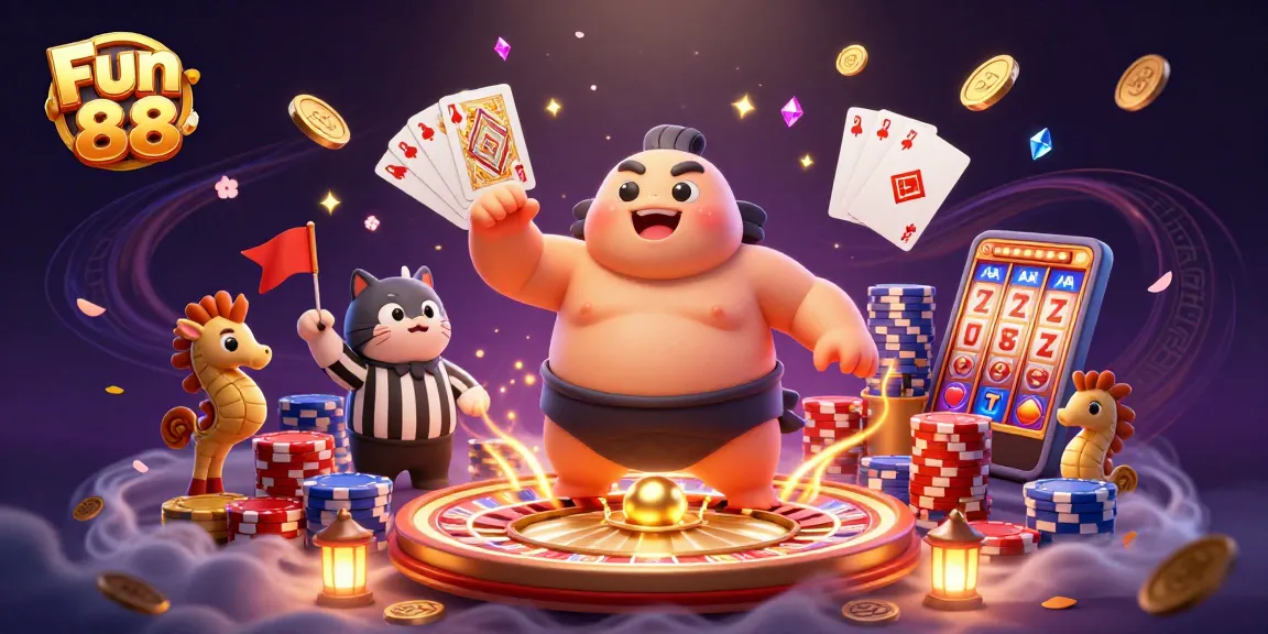 Engage with Fun 88 in this vibrant underwater gambling scene featuring a fugu, catfish, and seahorse supporters.