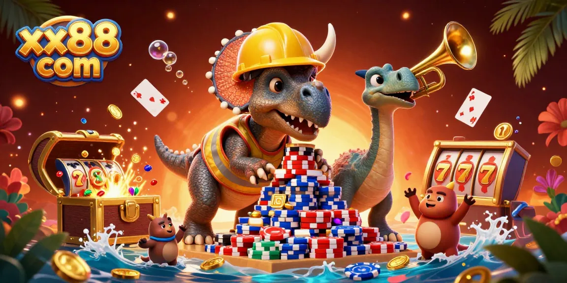 Experience the excitement of xx88 com as a triceratops builds chips amidst vibrant casino elements.