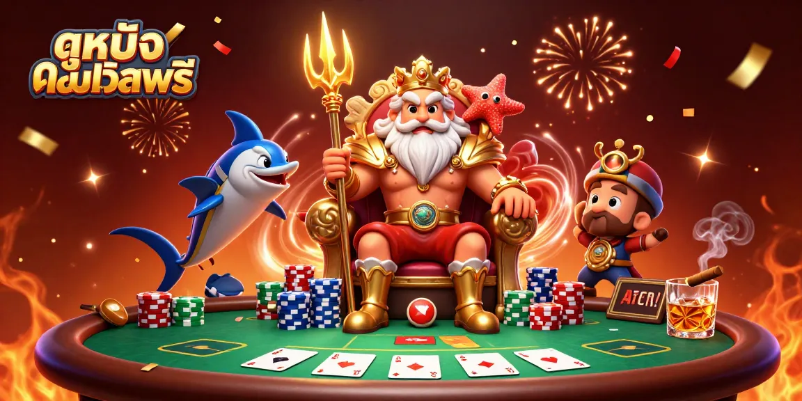 Experience ดูหนังออนไลน์ฟรี at a vibrant gaming table with characters celebrating a winning hand.