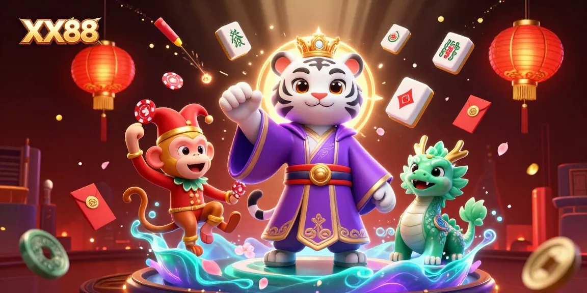 Experience thrilling gameplay at XX88 with an elegant white tiger and playful monkey amidst vibrant casino elements.