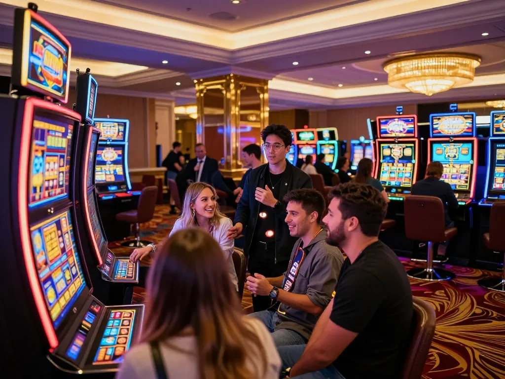 ABC 999 players celebrating a jackpot win at colorful slot machines showcasing an exciting casino atmosphere