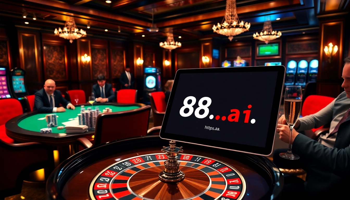 Engage in thrilling gameplay at https://88aa.fail/ showcasing a luxurious casino ambiance with roulette and poker action.