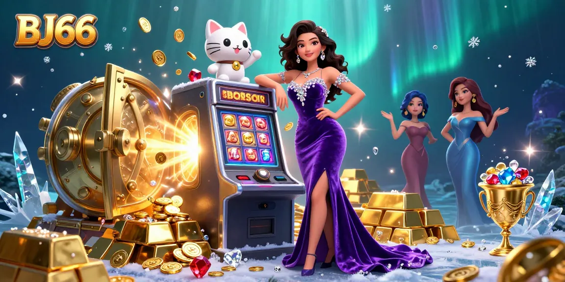 Experience thrilling jackpots with BJ66, featuring a glamorous lady beside a lucky slot machine surrounded by treasure.
