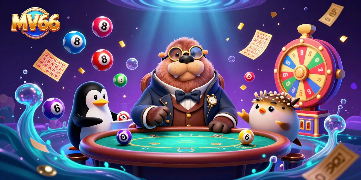 Join the MV66 poker table with a jolly walrus, penguin dealer, and pufferfish player.