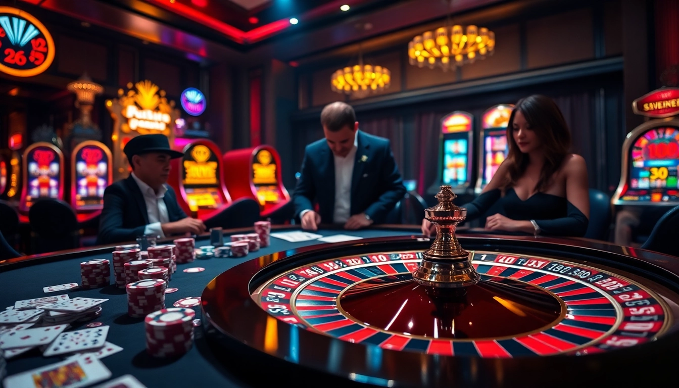 Engaged gamblers at a luxurious casino table featuring action-packed poker chips and cards, embracing the excitement of chotruyen.