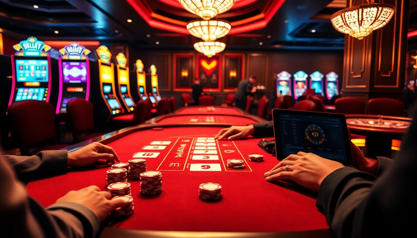 Experience thrilling gameplay at https://gg88m.com/ with a luxury casino atmosphere showcasing poker and slot machines.