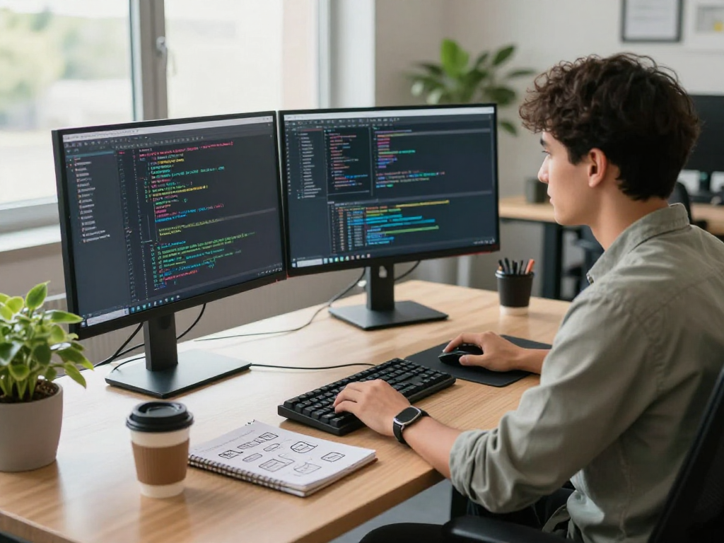 Software engineer coding at modern desk, showcasing innovation and focus in ia +18 technology workspace