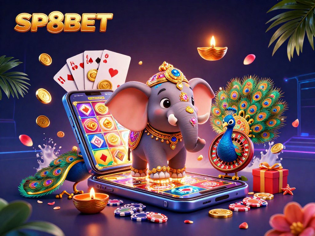 Experience the excitement of SP8BET with a dynamic 3D illustration of gaming fun and colorful rewards.