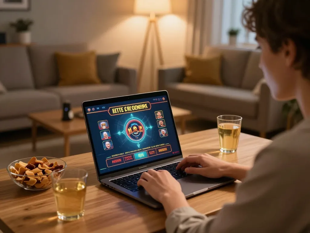 Engaged user on https://tip88.locker/ playing online casino games at home with laptop and snacks.