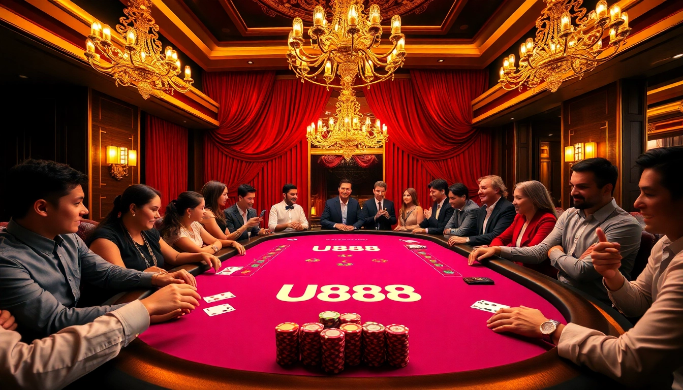 U888 players enjoying an exciting poker game at a luxurious casino table.